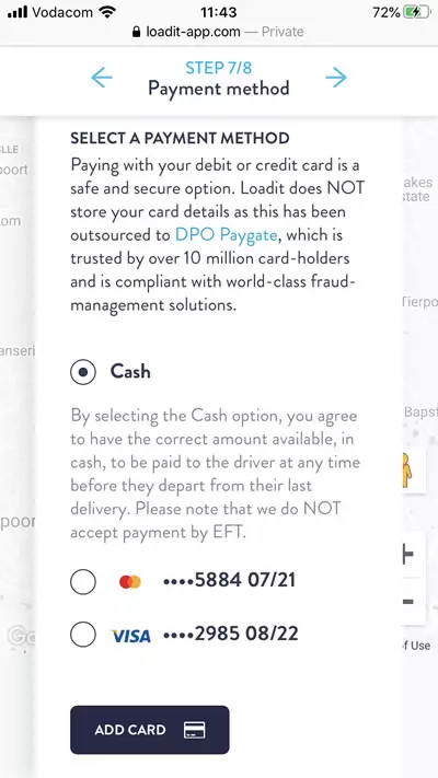 An example of selecting your payment method on Loadit