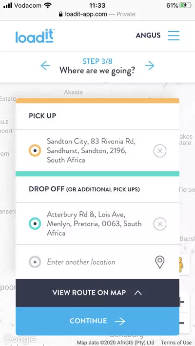 An example of how to select locations on the Loadit app