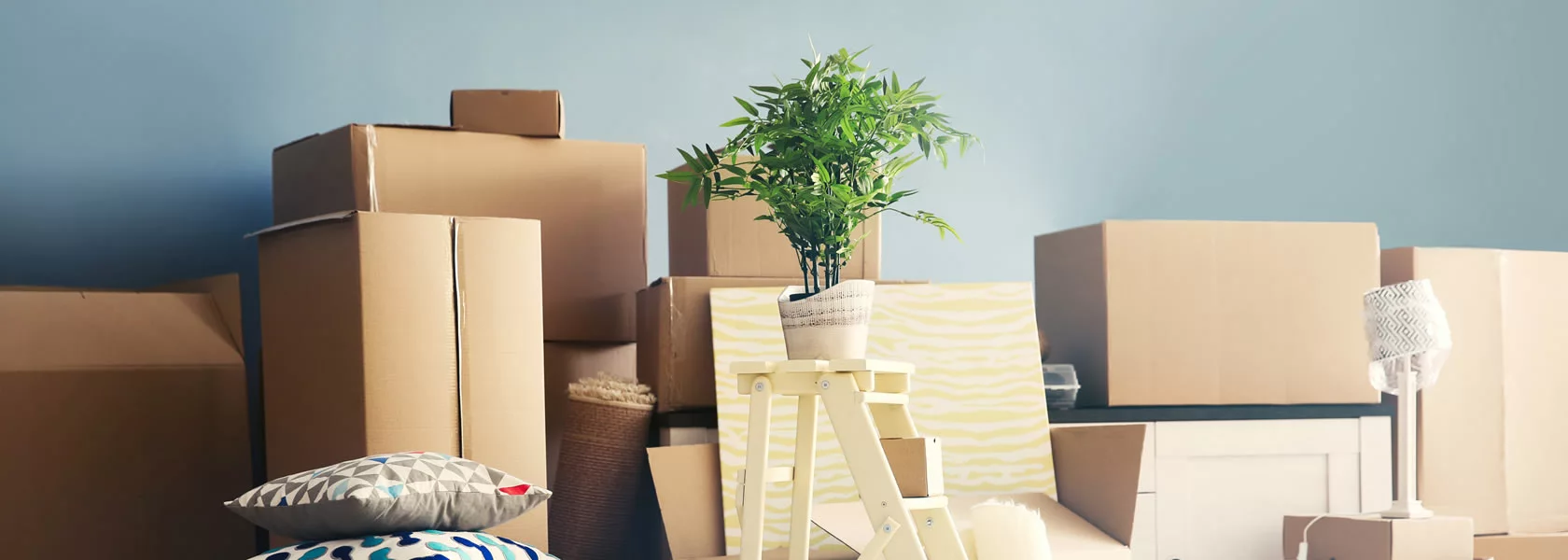 A row of boxes stacked by a wall